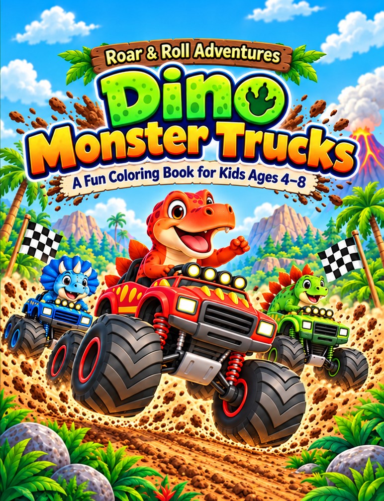 Dino Monster Trucks coloring book cover